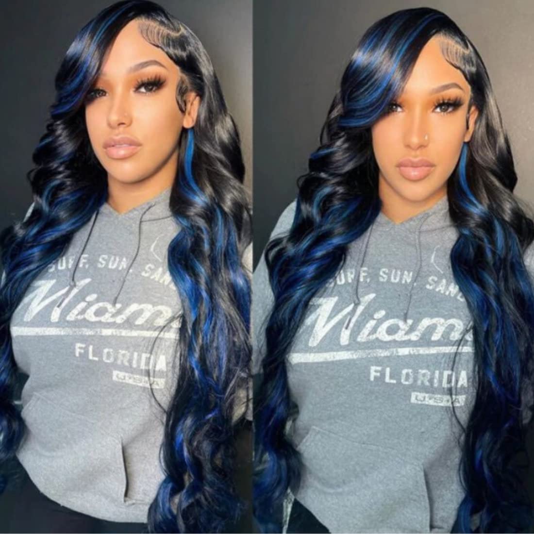 Beauty Forever Blue Highlights Wig Body Wave 13x4 Lace Front Wigs Black With Blue Highlights Human Hair Wigs For Women,Lace Frontal Wigs 150% Density Pre Plucked with Baby Hair Colored Wigs 16 inch