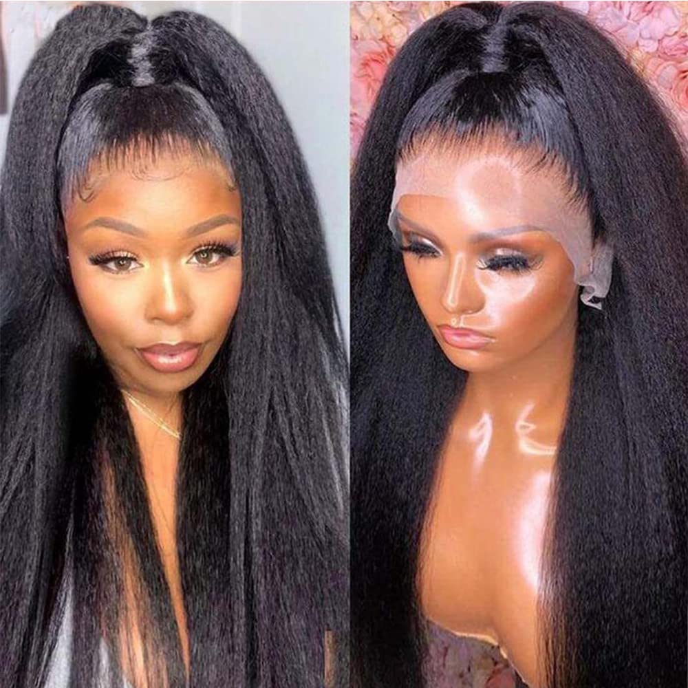 360 Lace Front Wigs Human Hair Kinky Straight Wig 360 Frontal Wigs for Black Women 16 Inch 180% Density Yaki Straight 360 Full Lace Human Hair Wigs with Baby Hair Natural Color