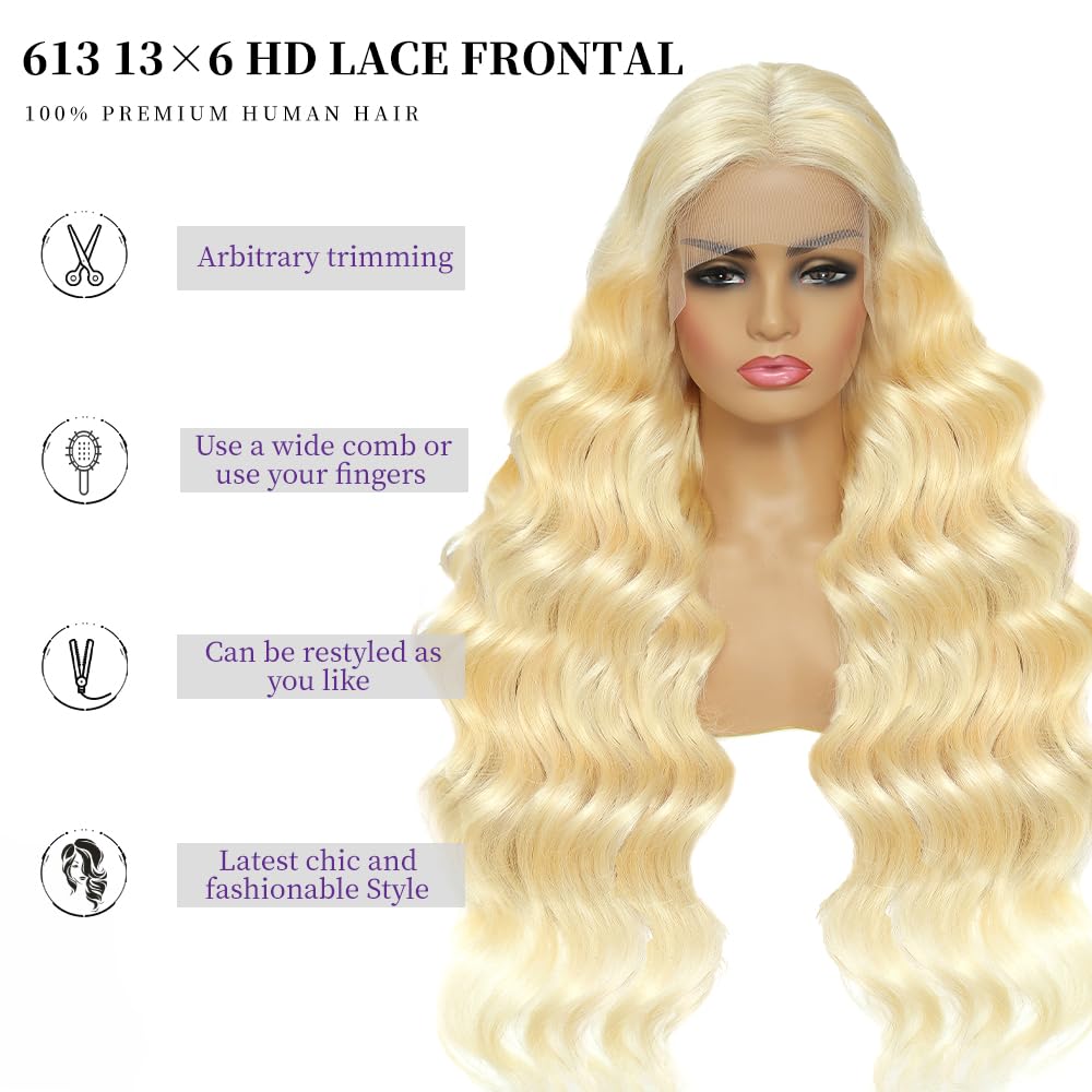 613 13x6 Lace Front Wig Human Hair 26 Inch Blonde Wig Human Hair 200% Density Body Wave Lace Front Wigs Pre Plucked 613 Lace Front Wig Blonde HD Lace Frontal Wig