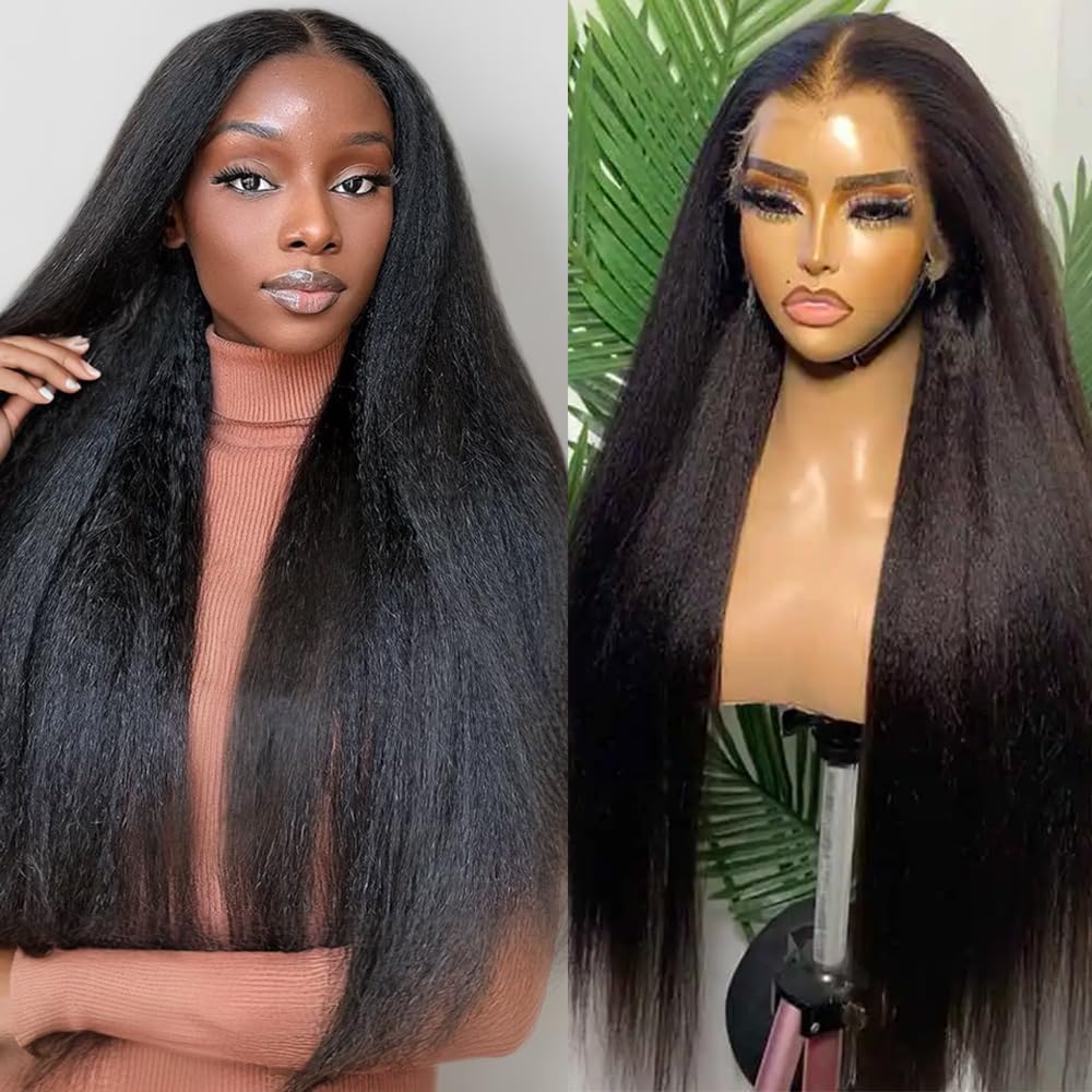 360 Lace Front Wigs Human Hair Kinky Straight Wig 360 Frontal Wigs for Black Women 16 Inch 180% Density Yaki Straight 360 Full Lace Human Hair Wigs with Baby Hair Natural Color