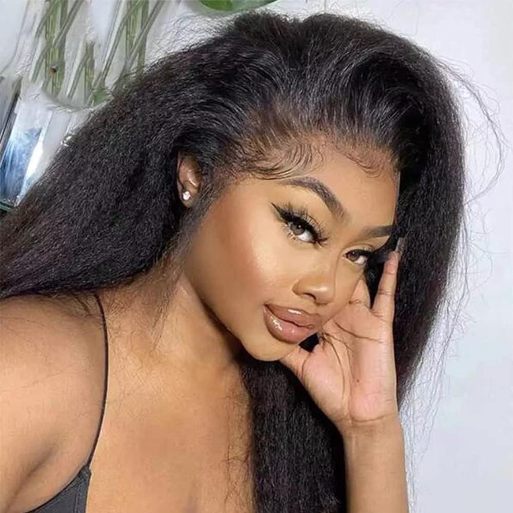360 Lace Front Wigs Human Hair Kinky Straight Wig 360 Frontal Wigs for Black Women 16 Inch 180% Density Yaki Straight 360 Full Lace Human Hair Wigs with Baby Hair Natural Color