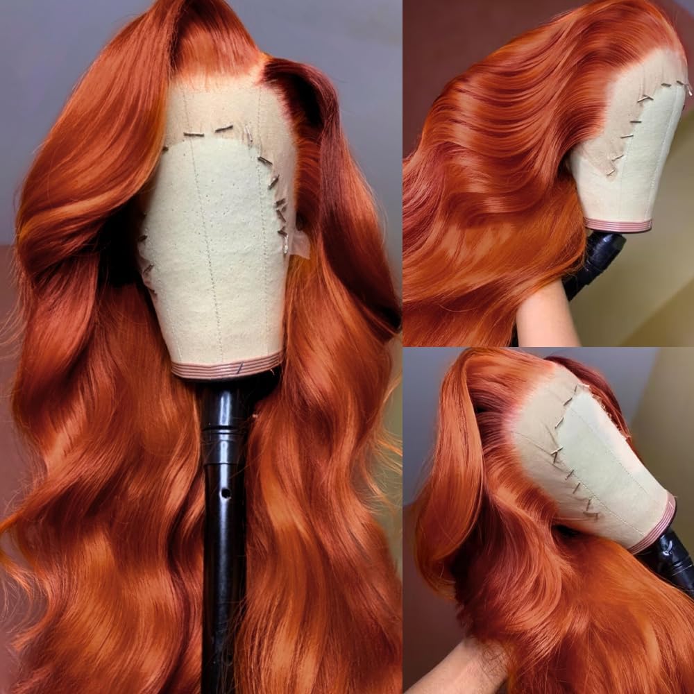 200% Density 13X6 Ginger Lace Front Wigs Human Hair Pre Plucked for Women Ombre 13X6 HD Transparent Ginger Orange Lace Front Wigs Human Hair Glueless Ginger Colored Wigs Human Hair (20Inch)