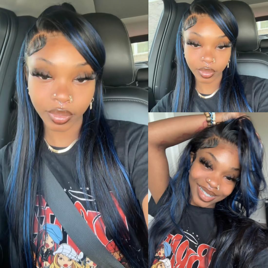 Beauty Forever Blue Highlights Wig Body Wave 13x4 Lace Front Wigs Black With Blue Highlights Human Hair Wigs For Women,Lace Frontal Wigs 150% Density Pre Plucked with Baby Hair Colored Wigs 16 inch