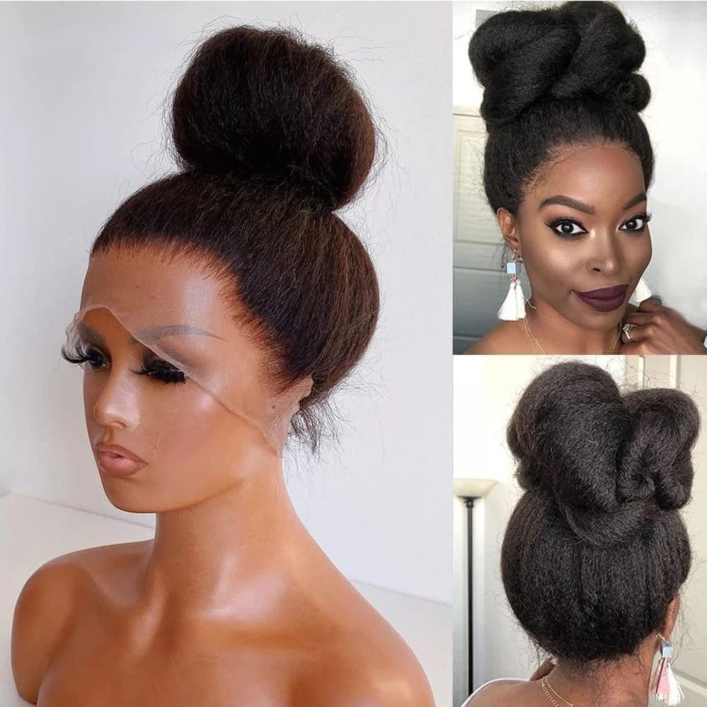 360 Lace Front Wigs Human Hair Kinky Straight Wig 360 Frontal Wigs for Black Women 16 Inch 180% Density Yaki Straight 360 Full Lace Human Hair Wigs with Baby Hair Natural Color