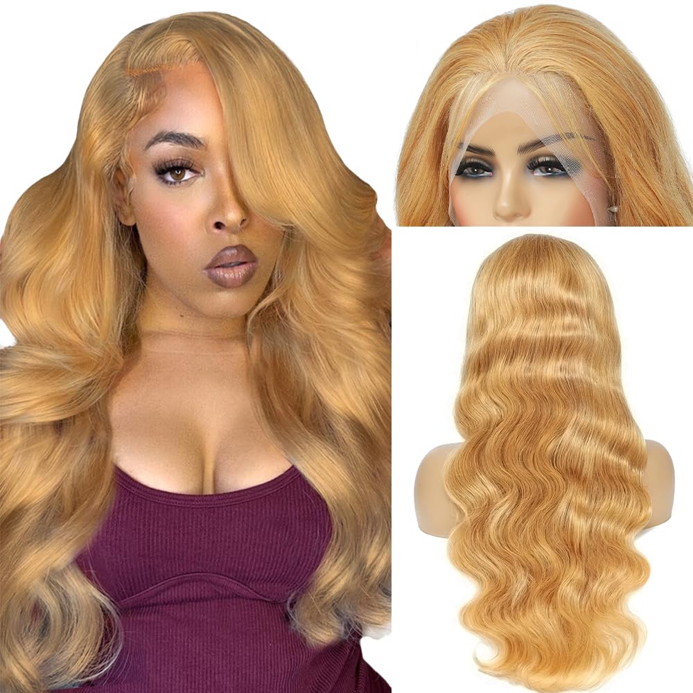 Honey Blonde Wig Human Hair 200% Density 13x4 Blonde Wig Human Hair Body Wave Lace Front Wigs Human Hair Pre Plucked Colored 27# Lace Frontal Wigs 24 Inch