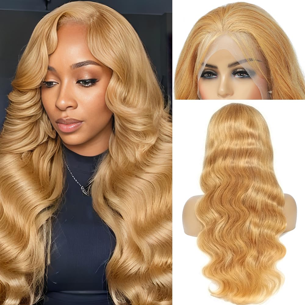 Honey Blonde Wig Human Hair 200% Density 13x4 Blonde Wig Human Hair Body Wave Lace Front Wigs Human Hair Pre Plucked Colored 27# Lace Frontal Wigs 24 Inch