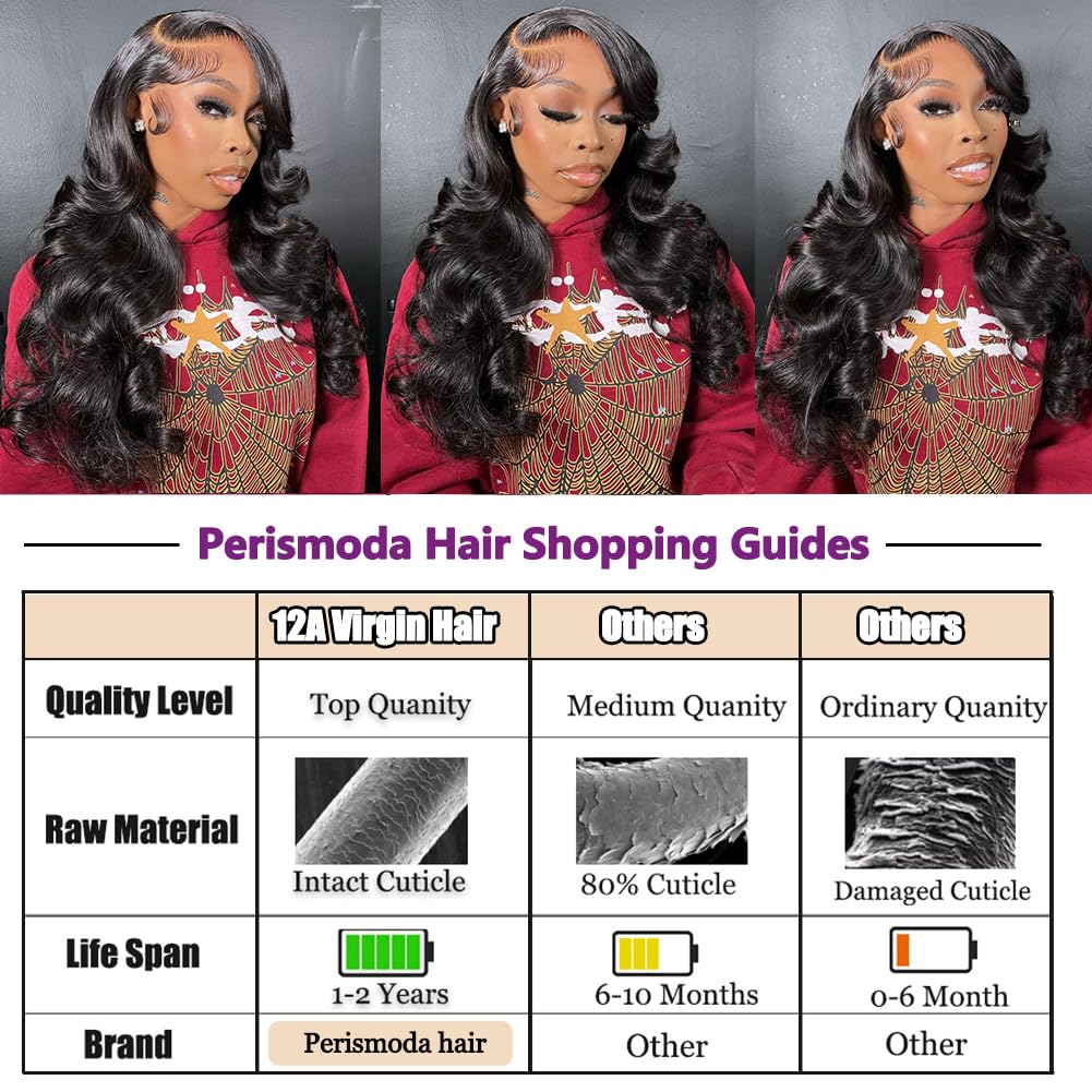 Perismoda 30 Inch Body Wave 13x6 Full Lace Frontal Wigs Human Hair 12A 180% Brazilian Virgin Body Wave 13x6 HD Transparent Lace Front Wigs Human Hair Pre Plucked With Baby Hair Pre Bleached Tiny Knots