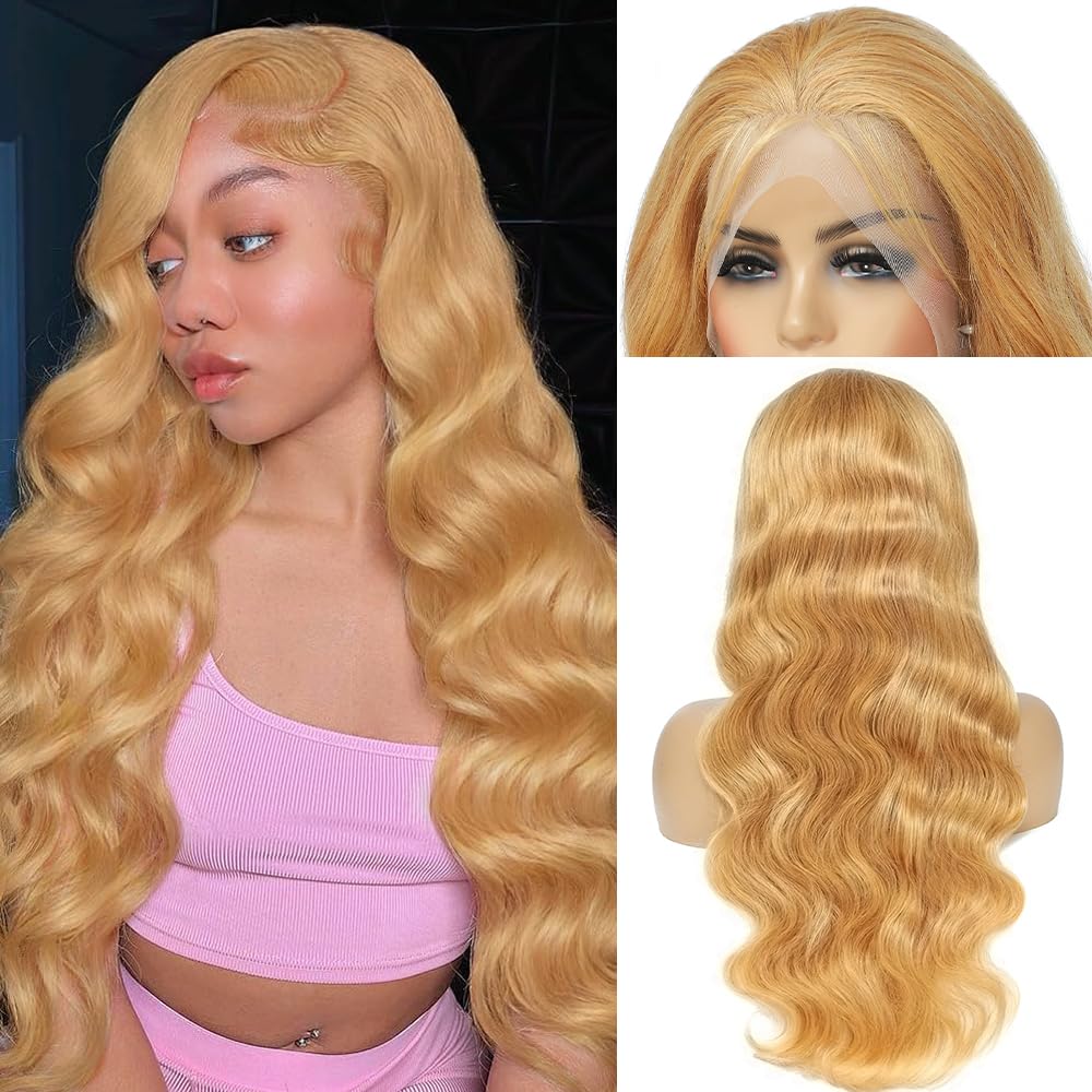 Honey Blonde Wig Human Hair 200% Density 13x4 Blonde Wig Human Hair Body Wave Lace Front Wigs Human Hair Pre Plucked Colored 27# Lace Frontal Wigs 24 Inch