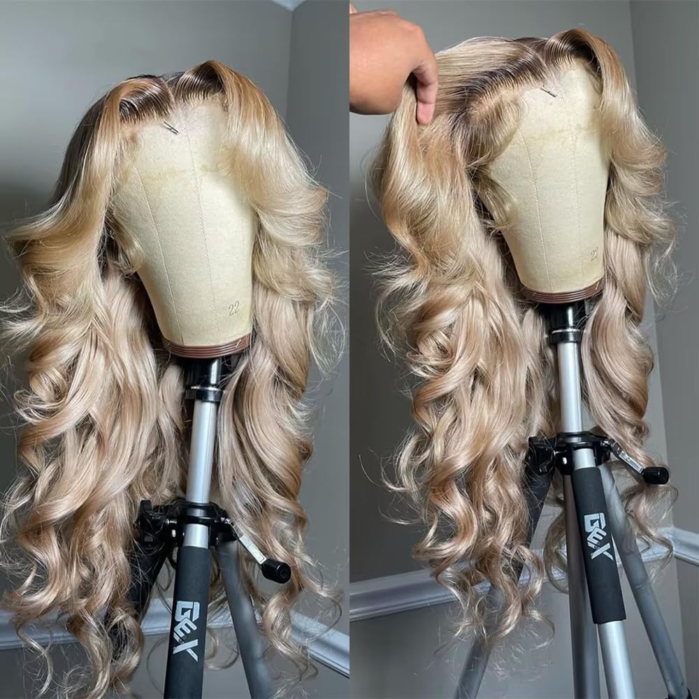 Ombre Brown Roots Ash Blonde Wigs Human Hair 200% Density 13x6 Body Wave Hd Thin Lace Front Wig for Women Glueless Ombre Blonde Colored Lace Front Wigs 26 Inch