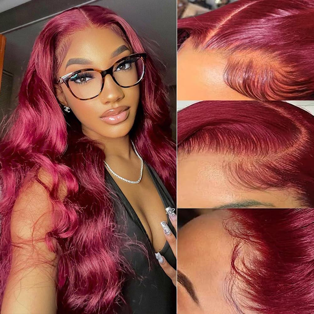 Red Lace Front Wigs Human Hair Body Wave 13x6 HD Lace Front Wig Human Hair 180% Density Wear and Go Glueless Red Wigs Human Hair Pre Plucked Burgundy Red Colored Wigs for Women 26 Inch