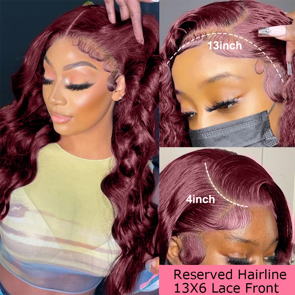 200% Density Burgundy Wig Human Hair 13x4 99j Burgundy Lace Front Wigs Human Hair Pre Plucked HD Transparent Lace Frontal Wigs With Baby Hair Red Colored Wig 24Inch