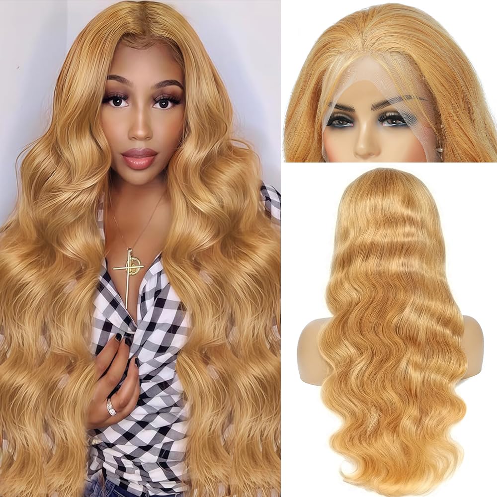 Honey Blonde Wig Human Hair 200% Density 13x4 Blonde Wig Human Hair Body Wave Lace Front Wigs Human Hair Pre Plucked Colored 27# Lace Frontal Wigs 24 Inch