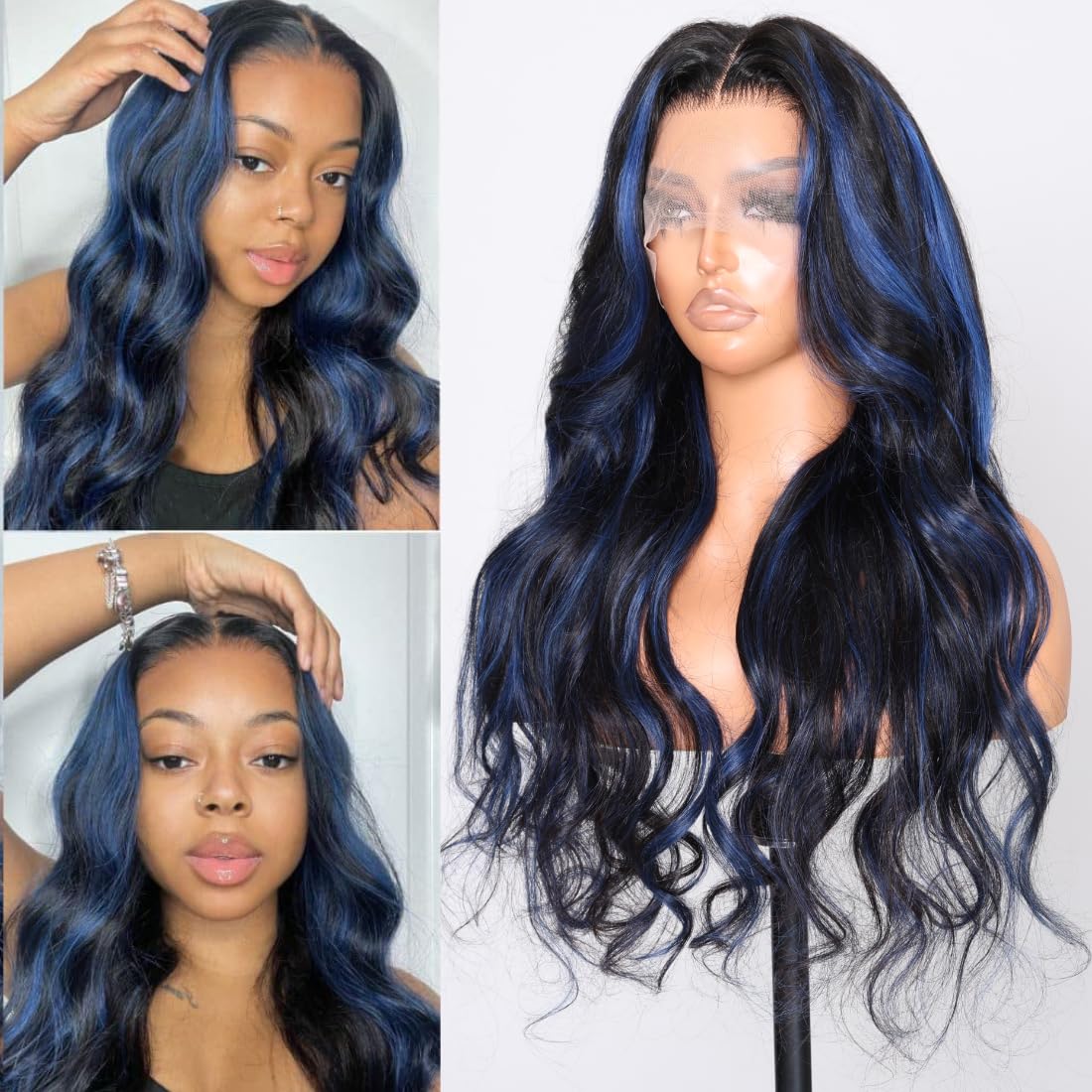 Beauty Forever Blue Highlights Wig Body Wave 13x4 Lace Front Wigs Black With Blue Highlights Human Hair Wigs For Women,Lace Frontal Wigs 150% Density Pre Plucked with Baby Hair Colored Wigs 16 inch