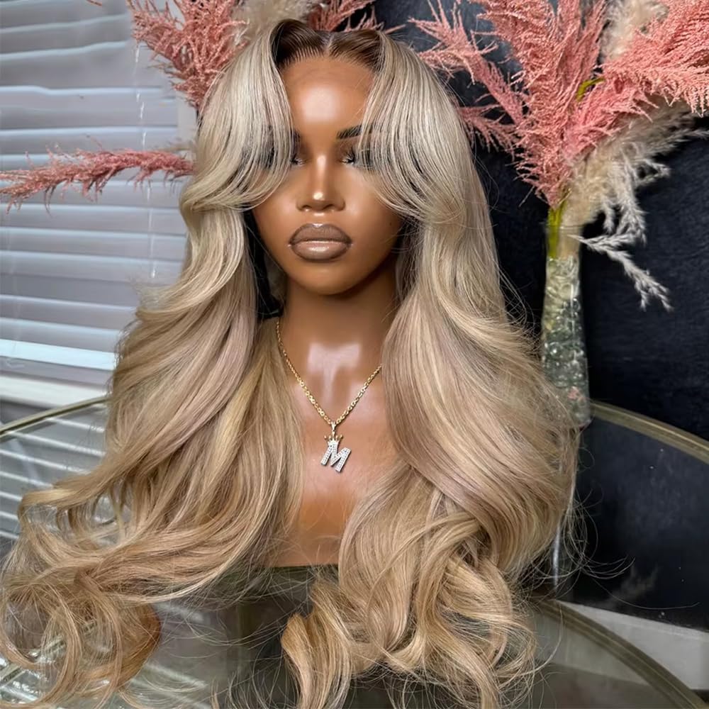 Ombre Brown Roots Ash Blonde Wigs Human Hair 200% Density 13x6 Body Wave Hd Thin Lace Front Wig for Women Glueless Ombre Blonde Colored Lace Front Wigs 26 Inch