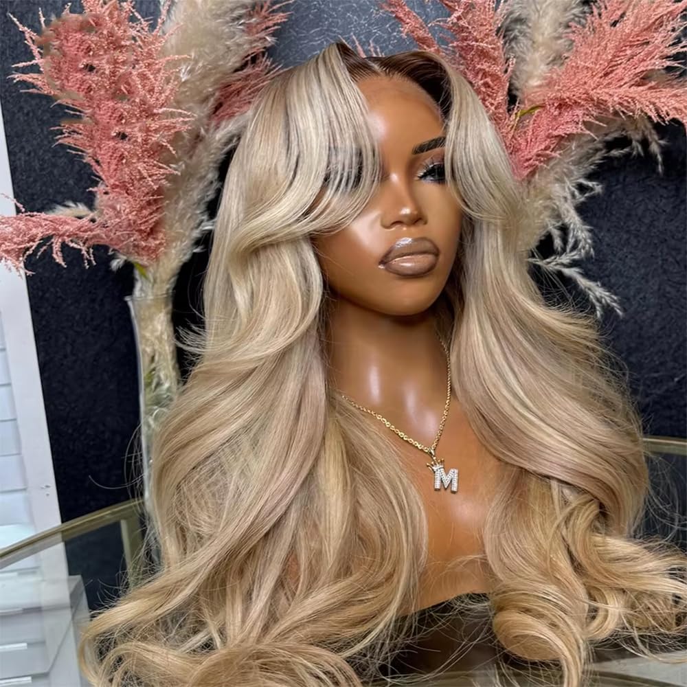 Ombre Brown Roots Ash Blonde Wigs Human Hair 200% Density 13x6 Body Wave Hd Thin Lace Front Wig for Women Glueless Ombre Blonde Colored Lace Front Wigs 26 Inch
