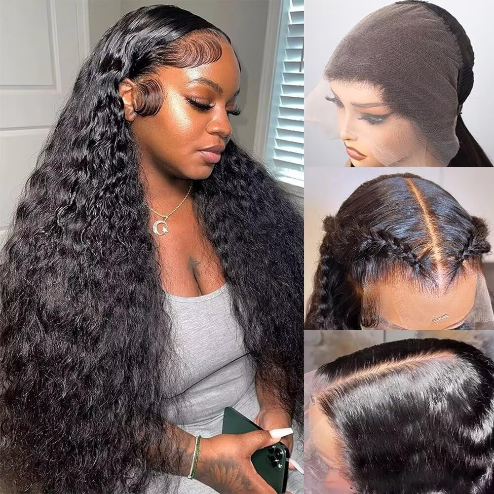 12A 28 Inch 13x6 Full Lace Frontal Wigs Human Hair Water Wave Full 13x6 HD Lace Wig Deep Wave Curly HD Transparent Lace Front Wigs Human Hair Wet and Wavy Frontal Wig Pre Bleached Knots 180% Density