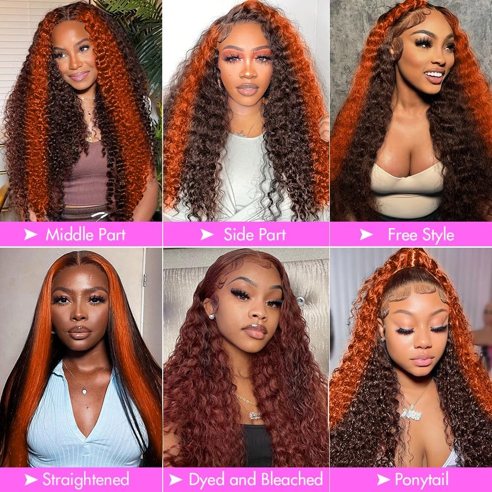 Grace Queen Ginger Orange 9x6 Lace Front Wigs Human Hair Deep Wave Pre Plucked Pre Cut Wear and Go Glueless Wigs Human Hair for Women 9x6 HD Lace Front Curly Human Hair Wig Brazilian Hair 26Inch