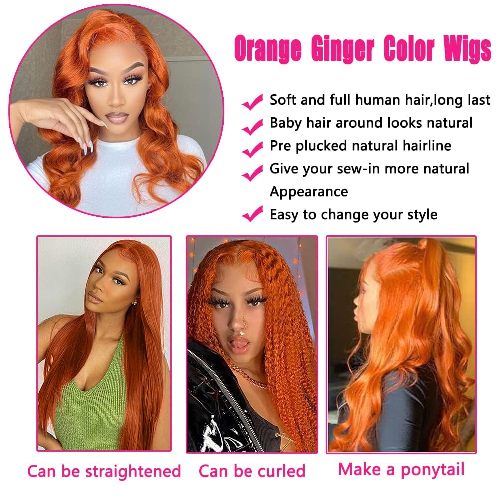 Dark Ginger 13X4 Lace Front Wigs Human Hair Body Wave Dark Orange Colored Pre Plucked Hairline with Baby Hair Brazilian Remy Invisible HD Lace Front Human Hair Wigs For Women 150% 24 Inch