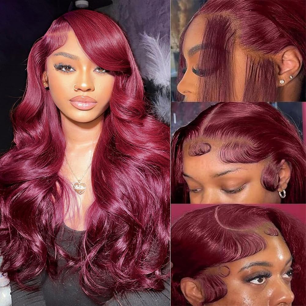 Red Lace Front Wigs Human Hair Body Wave 13x6 HD Lace Front Wig Human Hair 180% Density Wear and Go Glueless Red Wigs Human Hair Pre Plucked Burgundy Red Colored Wigs for Women 26 Inch