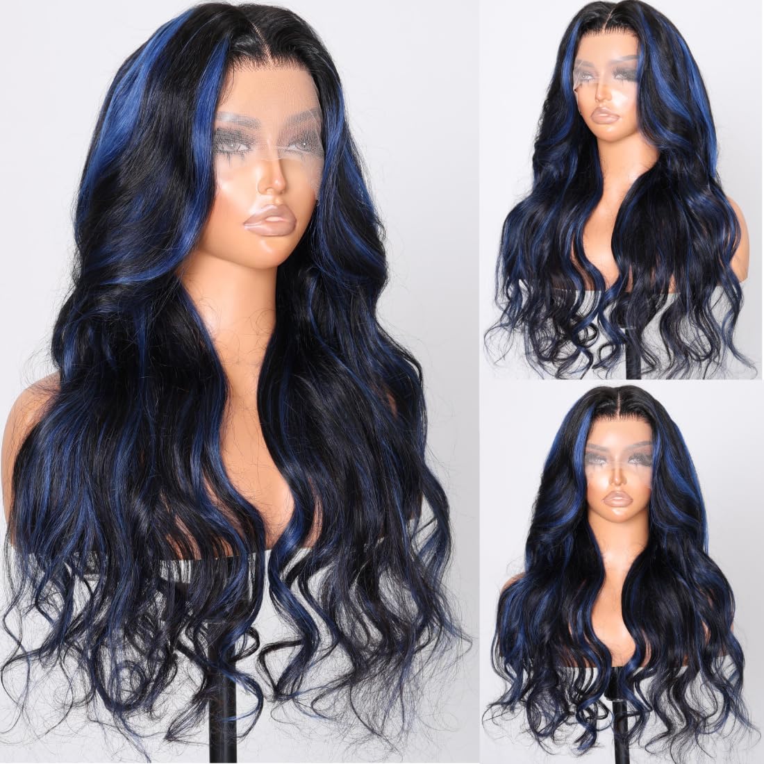 Beauty Forever Blue Highlights Wig Body Wave 13x4 Lace Front Wigs Black With Blue Highlights Human Hair Wigs For Women,Lace Frontal Wigs 150% Density Pre Plucked with Baby Hair Colored Wigs 16 inch