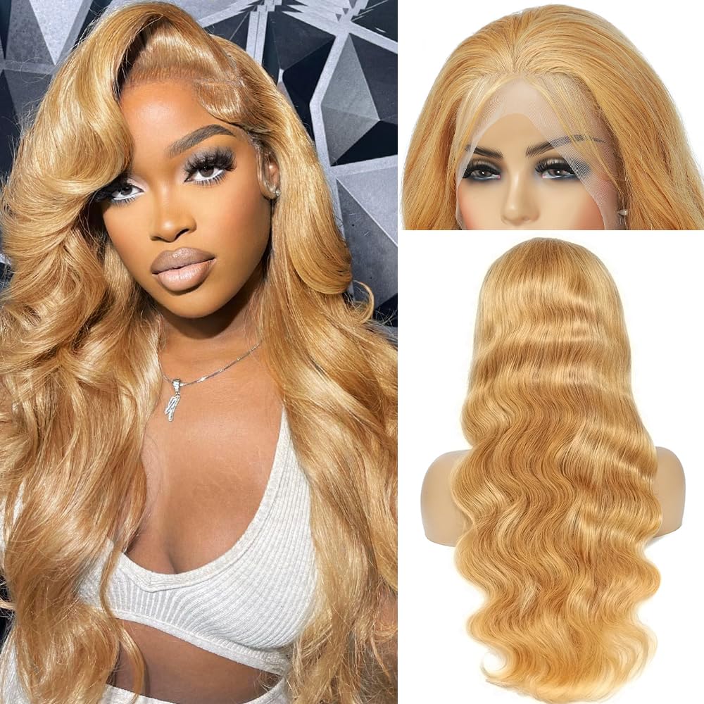 Honey Blonde Wig Human Hair 200% Density 13x4 Blonde Wig Human Hair Body Wave Lace Front Wigs Human Hair Pre Plucked Colored 27# Lace Frontal Wigs 24 Inch