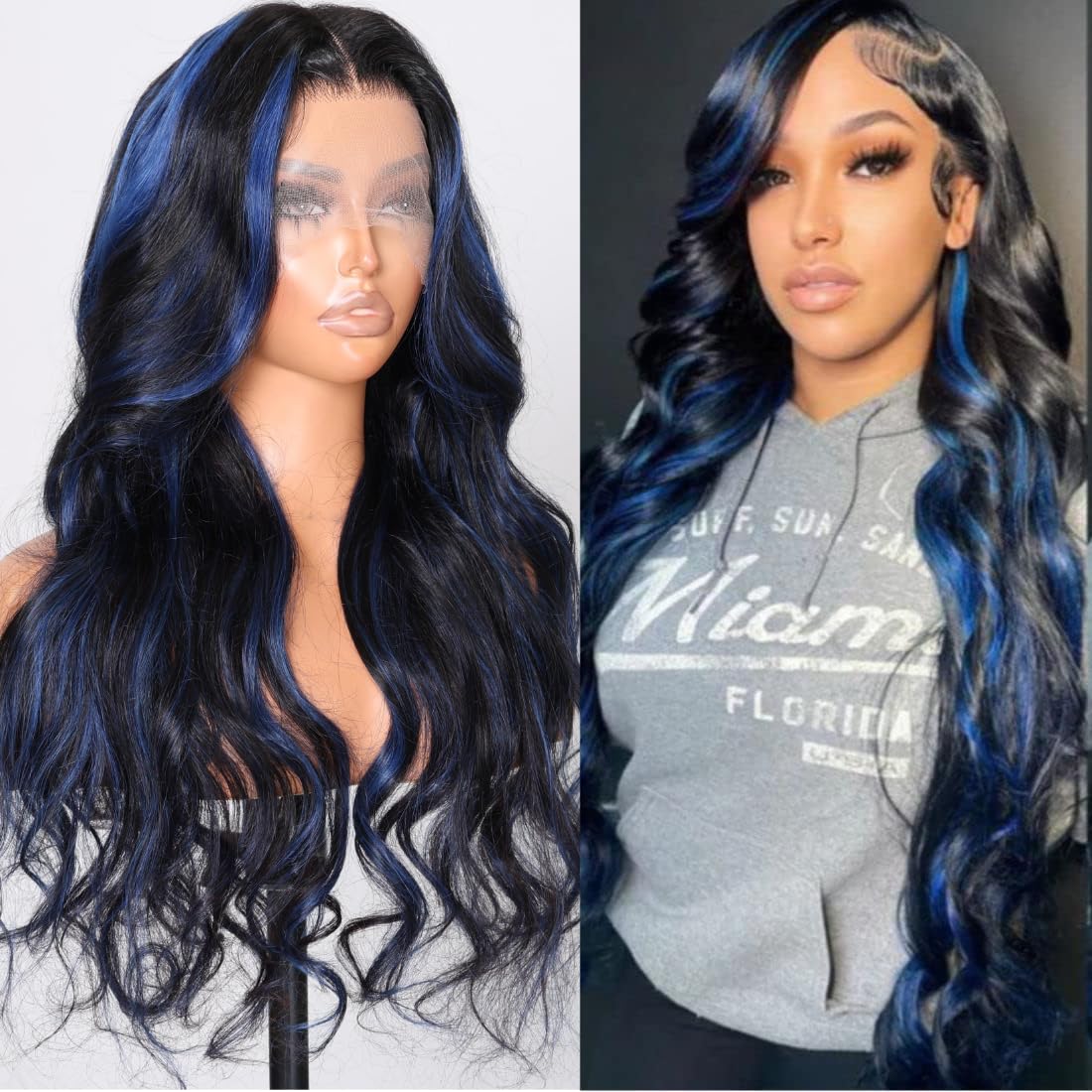 Beauty Forever Blue Highlights Wig Body Wave 13x4 Lace Front Wigs Black With Blue Highlights Human Hair Wigs For Women,Lace Frontal Wigs 150% Density Pre Plucked with Baby Hair Colored Wigs 16 inch