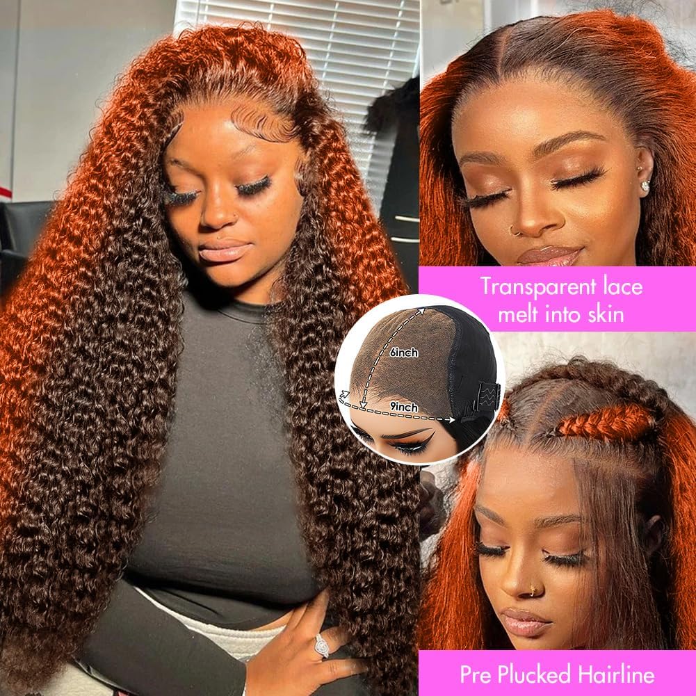 Grace Queen Ginger Orange 9x6 Lace Front Wigs Human Hair Deep Wave Pre Plucked Pre Cut Wear and Go Glueless Wigs Human Hair for Women 9x6 HD Lace Front Curly Human Hair Wig Brazilian Hair 26Inch