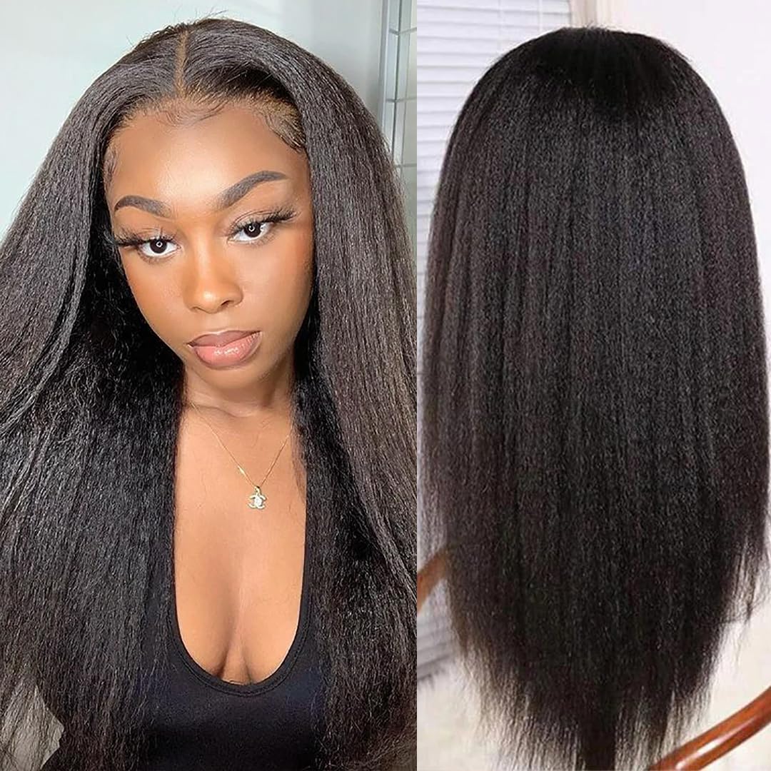 360 Lace Front Wigs Human Hair Kinky Straight Wig 360 Frontal Wigs for Black Women 16 Inch 180% Density Yaki Straight 360 Full Lace Human Hair Wigs with Baby Hair Natural Color