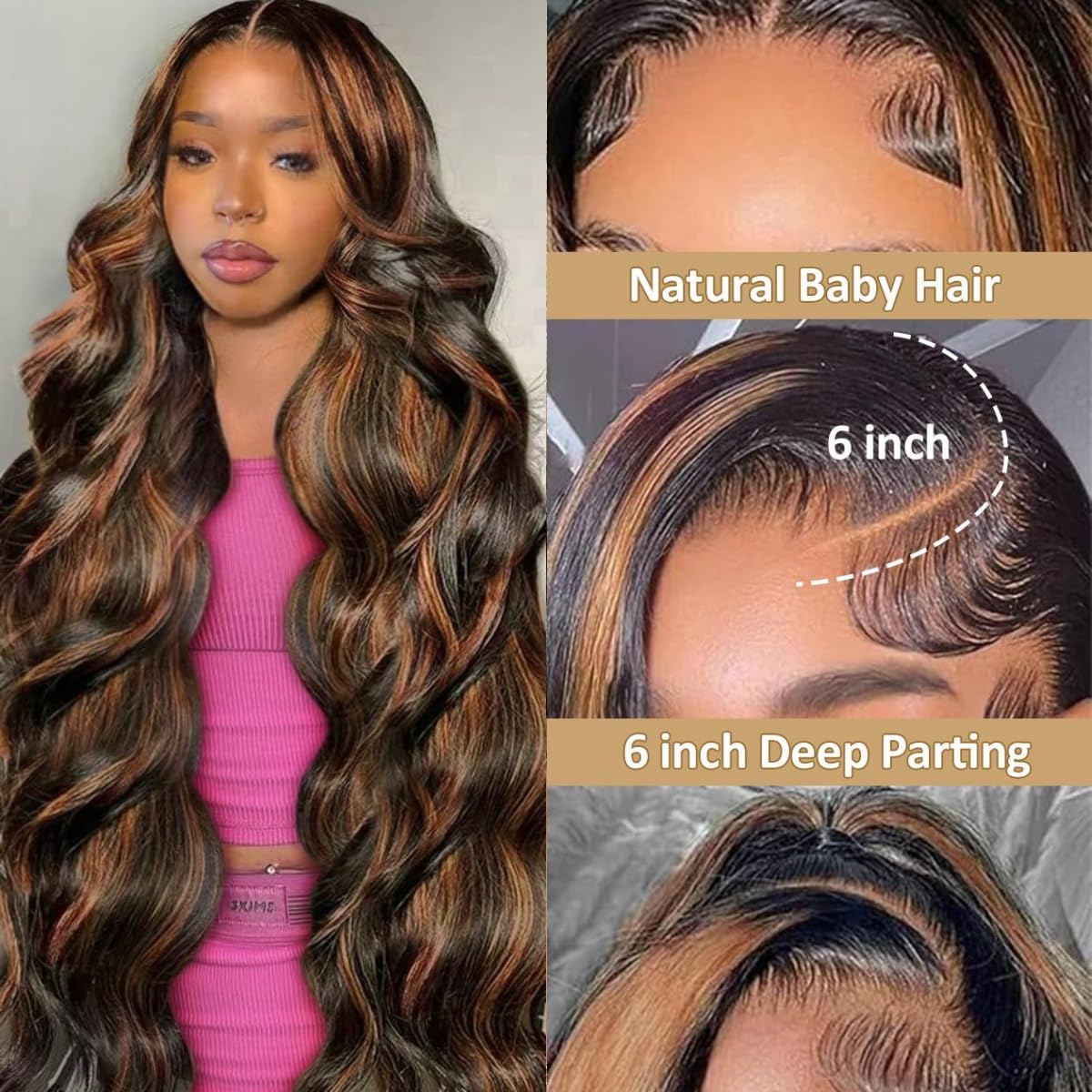 Real Human Hair Wig 30 Inch Ombre 13x6 Lace Front Wig Human Hair 210% Density 4/27 Highlight Wigs Honey Blonde Body Wave Lace Front Wig Pre Plucked HD Frontal Wig Glueless Wigs
