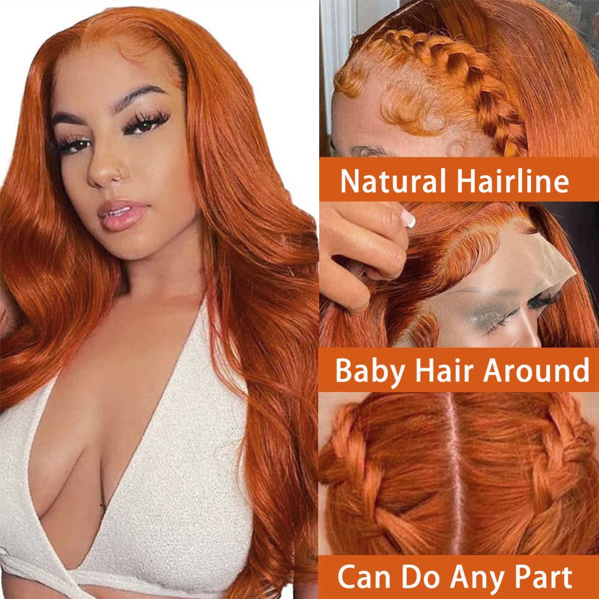 13X4 Dark Ginger Lace Front Wigs Human Hair Body Wave Orange Ginger Brown Brazilian HD Lace Front Human Hair Wigs Glueless 150% Density Pre Plucked Natural Hairline (18 inch, Copper Brown Color)