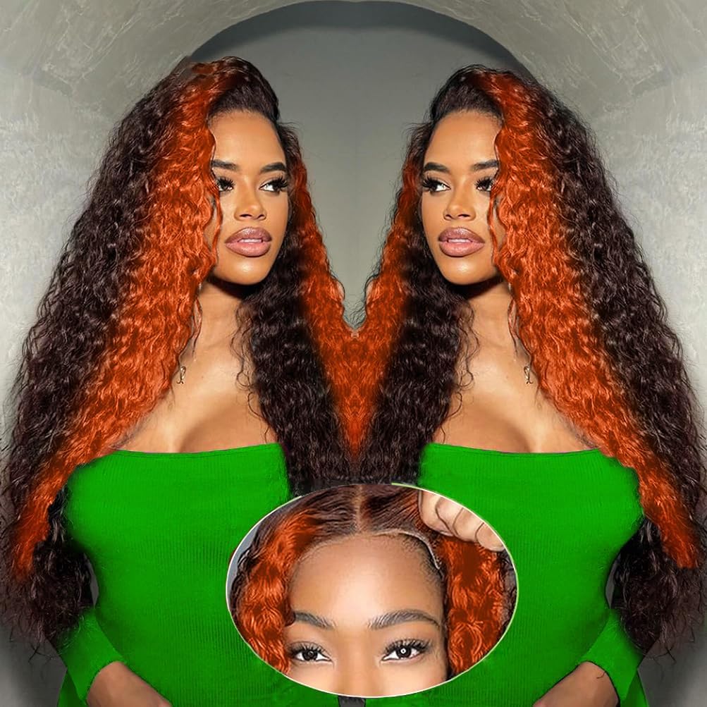 Grace Queen Ginger Orange 9x6 Lace Front Wigs Human Hair Deep Wave Pre Plucked Pre Cut Wear and Go Glueless Wigs Human Hair for Women 9x6 HD Lace Front Curly Human Hair Wig Brazilian Hair 26Inch