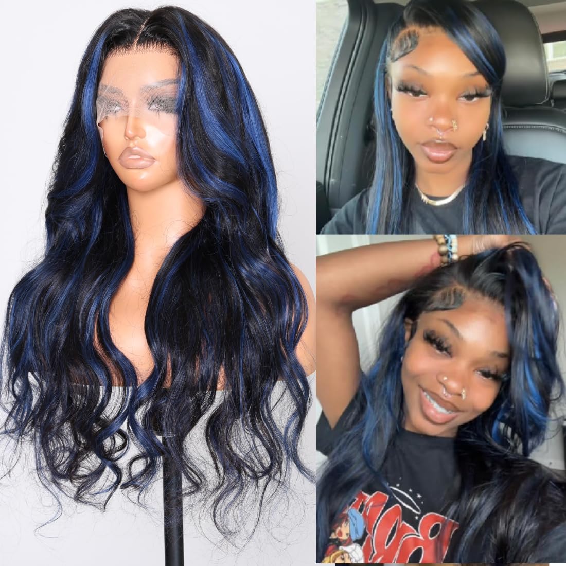 Beauty Forever Blue Highlights Wig Body Wave 13x4 Lace Front Wigs Black With Blue Highlights Human Hair Wigs For Women,Lace Frontal Wigs 150% Density Pre Plucked with Baby Hair Colored Wigs 16 inch
