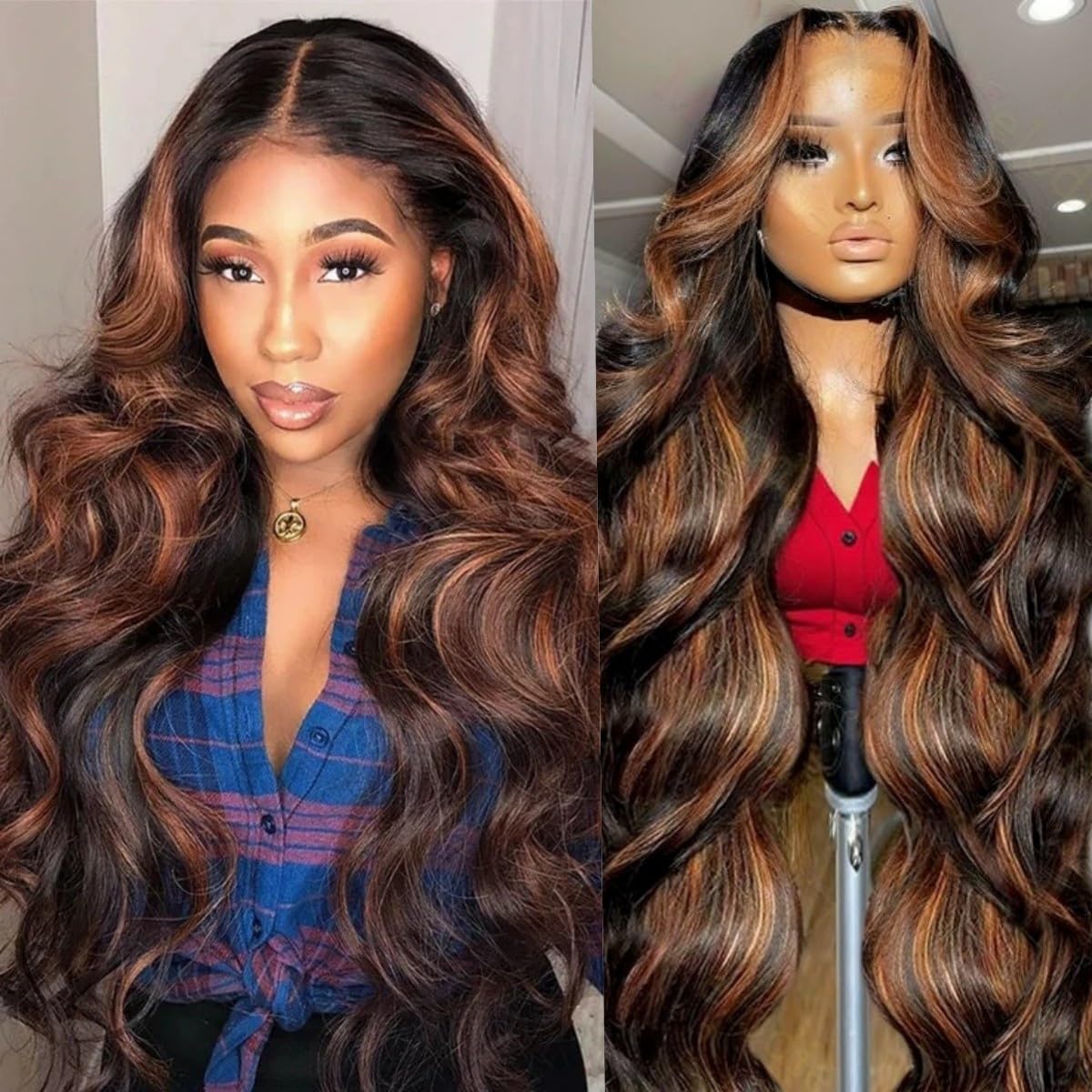 Real Human Hair Wig 30 Inch Ombre 13x6 Lace Front Wig Human Hair 210% Density 4/27 Highlight Wigs Honey Blonde Body Wave Lace Front Wig Pre Plucked HD Frontal Wig Glueless Wigs