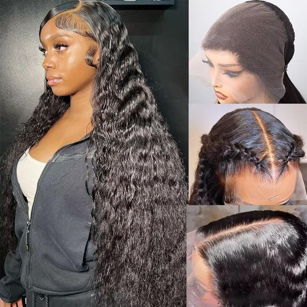 12A 28 Inch 13x6 Full Lace Frontal Wigs Human Hair Water Wave Full 13x6 HD Lace Wig Deep Wave Curly HD Transparent Lace Front Wigs Human Hair Wet and Wavy Frontal Wig Pre Bleached Knots 180% Density