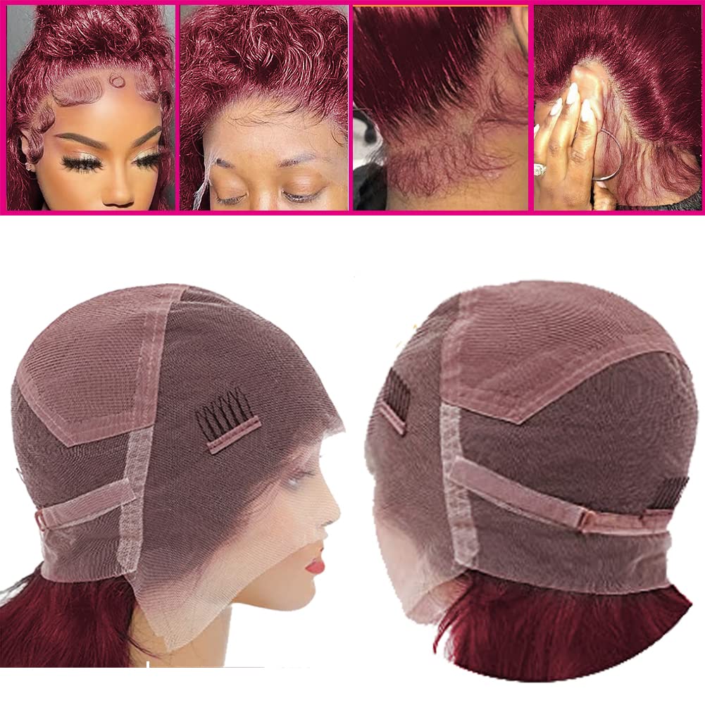 250% Density Deep Wave Lace Front Wigs Human Hair 360 Full Lace Deep Curly Wave Glueless Wigs Pre Plucked with Baby Hair 360 99J Burgundy Wet and Wavy Human Hair Wig(22inch)