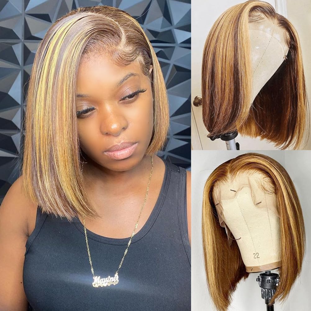 Ombre Highlight Deep Wave Curly Bob Wigs Human Hair Pre Plucked Wear And Go Glueless 13x4 Hd Honey Blonde Highlight Lace Front Wig Human Hair For Black Women Wet And Wavy 4/27 14 Inch
