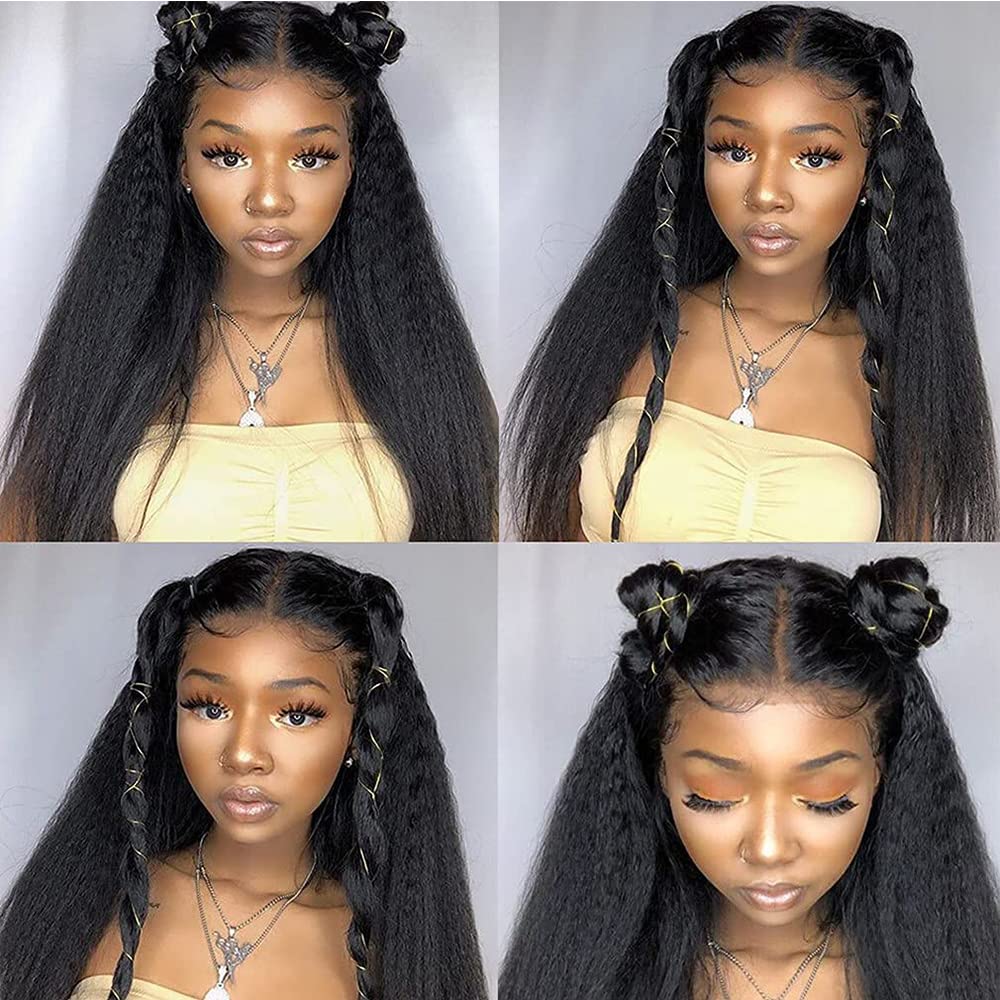 360 Lace Front Wigs Human Hair Kinky Straight Wig 360 Frontal Wigs for Black Women 16 Inch 180% Density Yaki Straight 360 Full Lace Human Hair Wigs with Baby Hair Natural Color