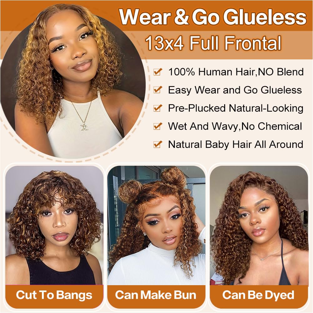 Ombre Highlight Deep Wave Curly Bob Wigs Human Hair Pre Plucked Wear And Go Glueless 13x4 Hd Honey Blonde Highlight Lace Front Wig Human Hair For Black Women Wet And Wavy 4/27 14 Inch