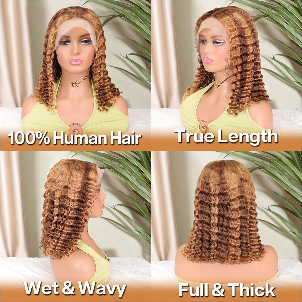 Ombre Highlight Deep Wave Curly Bob Wigs Human Hair Pre Plucked Wear And Go Glueless 13x4 Hd Honey Blonde Highlight Lace Front Wig Human Hair For Black Women Wet And Wavy 4/27 14 Inch