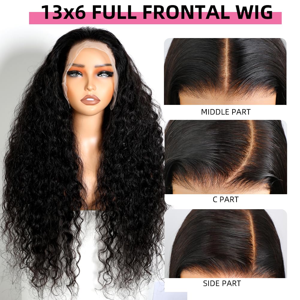 12A 28 Inch 13x6 Full Lace Frontal Wigs Human Hair Water Wave Full 13x6 HD Lace Wig Deep Wave Curly HD Transparent Lace Front Wigs Human Hair Wet and Wavy Frontal Wig Pre Bleached Knots 180% Density