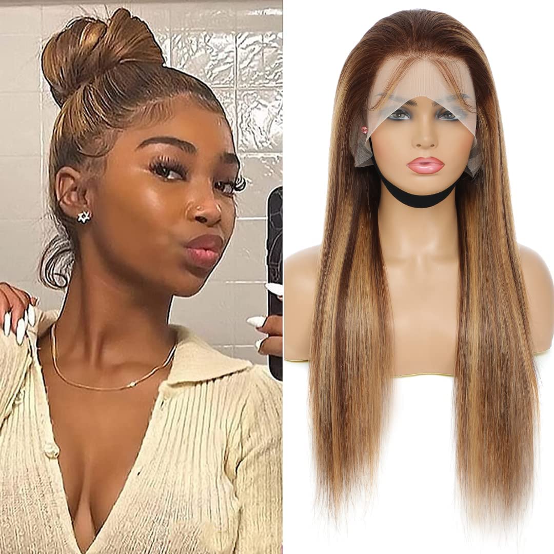360 Deep Wave Lace Front Wigs Human Hair Pre Plucked 180% Density 26 IN, Highlight Ombre Honey Blonde Brown Full 360 HD Lace Frontal Wigs, 4/27 Colored 10A Soft Shinny Thick Brazilian Hair