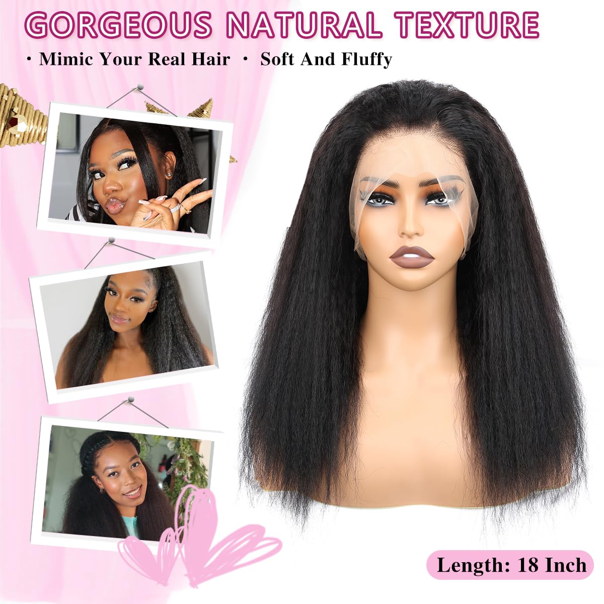 360 Lace Front Wigs Human Hair Kinky Straight Wig 360 Frontal Wigs for Black Women 16 Inch 180% Density Yaki Straight 360 Full Lace Human Hair Wigs with Baby Hair Natural Color