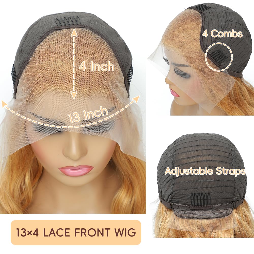 Honey Blonde Wig Human Hair 200% Density 13x4 Blonde Wig Human Hair Body Wave Lace Front Wigs Human Hair Pre Plucked Colored 27# Lace Frontal Wigs 24 Inch