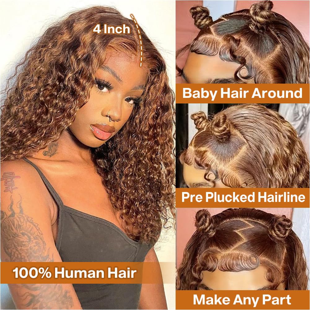 Ombre Highlight Deep Wave Curly Bob Wigs Human Hair Pre Plucked Wear And Go Glueless 13x4 Hd Honey Blonde Highlight Lace Front Wig Human Hair For Black Women Wet And Wavy 4/27 14 Inch