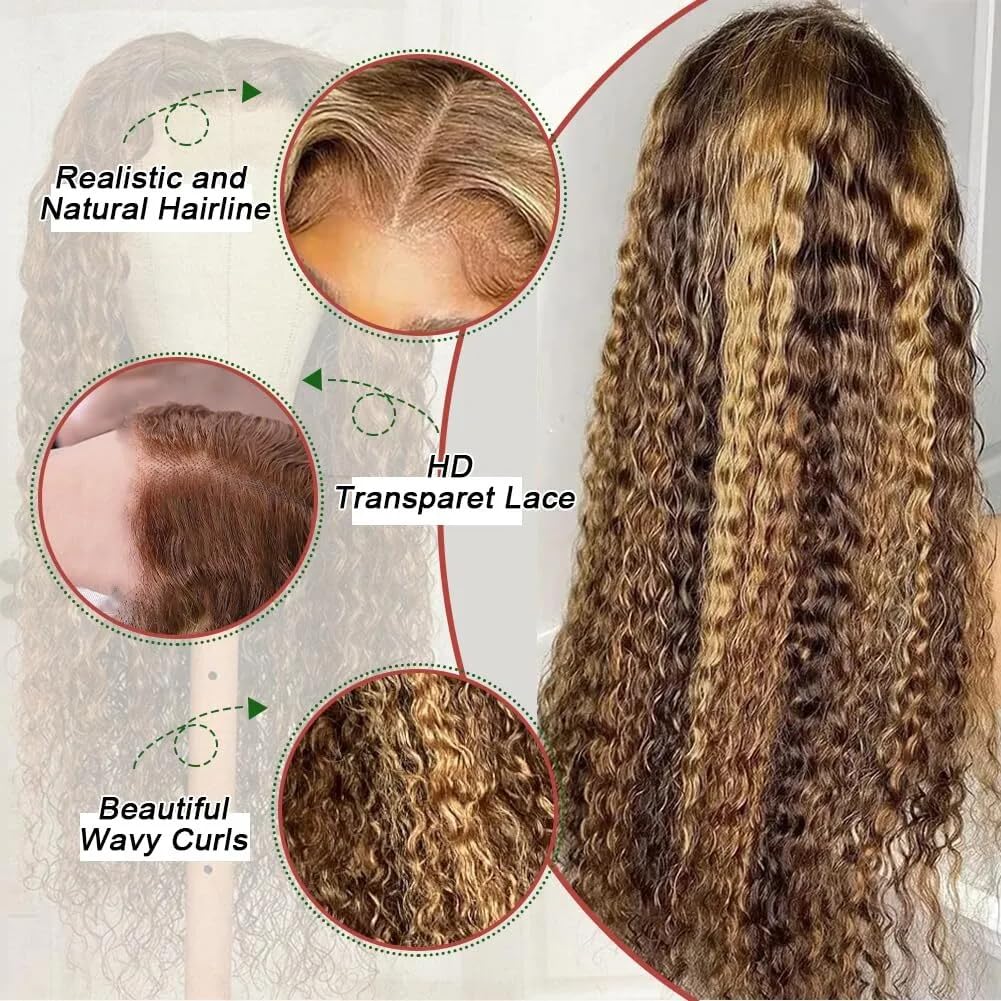 360 Deep Wave Lace Front Wigs Human Hair Pre Plucked 180% Density 26 IN, Highlight Ombre Honey Blonde Brown Full 360 HD Lace Frontal Wigs, 4/27 Colored 10A Soft Shinny Thick Brazilian Hair