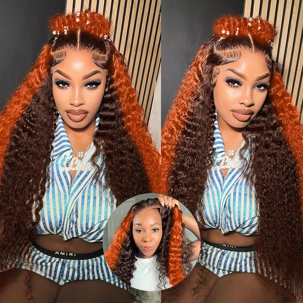 Grace Queen Ginger Orange 9x6 Lace Front Wigs Human Hair Deep Wave Pre Plucked Pre Cut Wear and Go Glueless Wigs Human Hair for Women 9x6 HD Lace Front Curly Human Hair Wig Brazilian Hair 26Inch