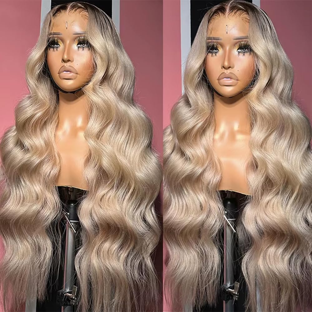 Ombre Brown Roots Ash Blonde Wigs Human Hair 200% Density 13x6 Body Wave Hd Thin Lace Front Wig for Women Glueless Ombre Blonde Colored Lace Front Wigs 26 Inch
