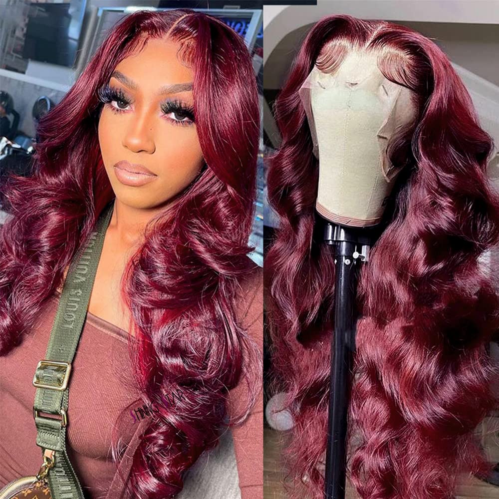 200% Density Burgundy Wig Human Hair 13x4 99j Burgundy Lace Front Wigs Human Hair Pre Plucked HD Transparent Lace Frontal Wigs With Baby Hair Red Colored Wig 24Inch