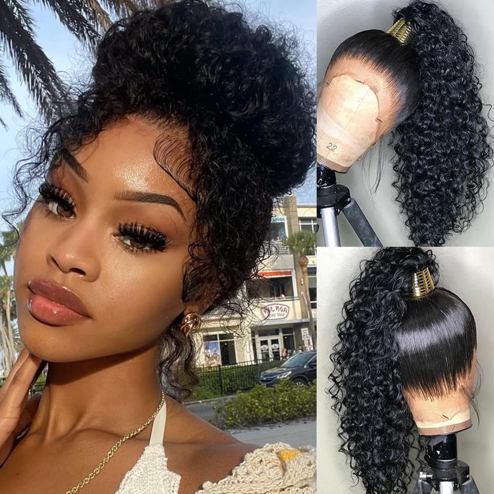 360 Lace Front Wigs Human Hair Kinky Straight Wig 360 Frontal Wigs for Black Women 16 Inch 180% Density Yaki Straight 360 Full Lace Human Hair Wigs with Baby Hair Natural Color