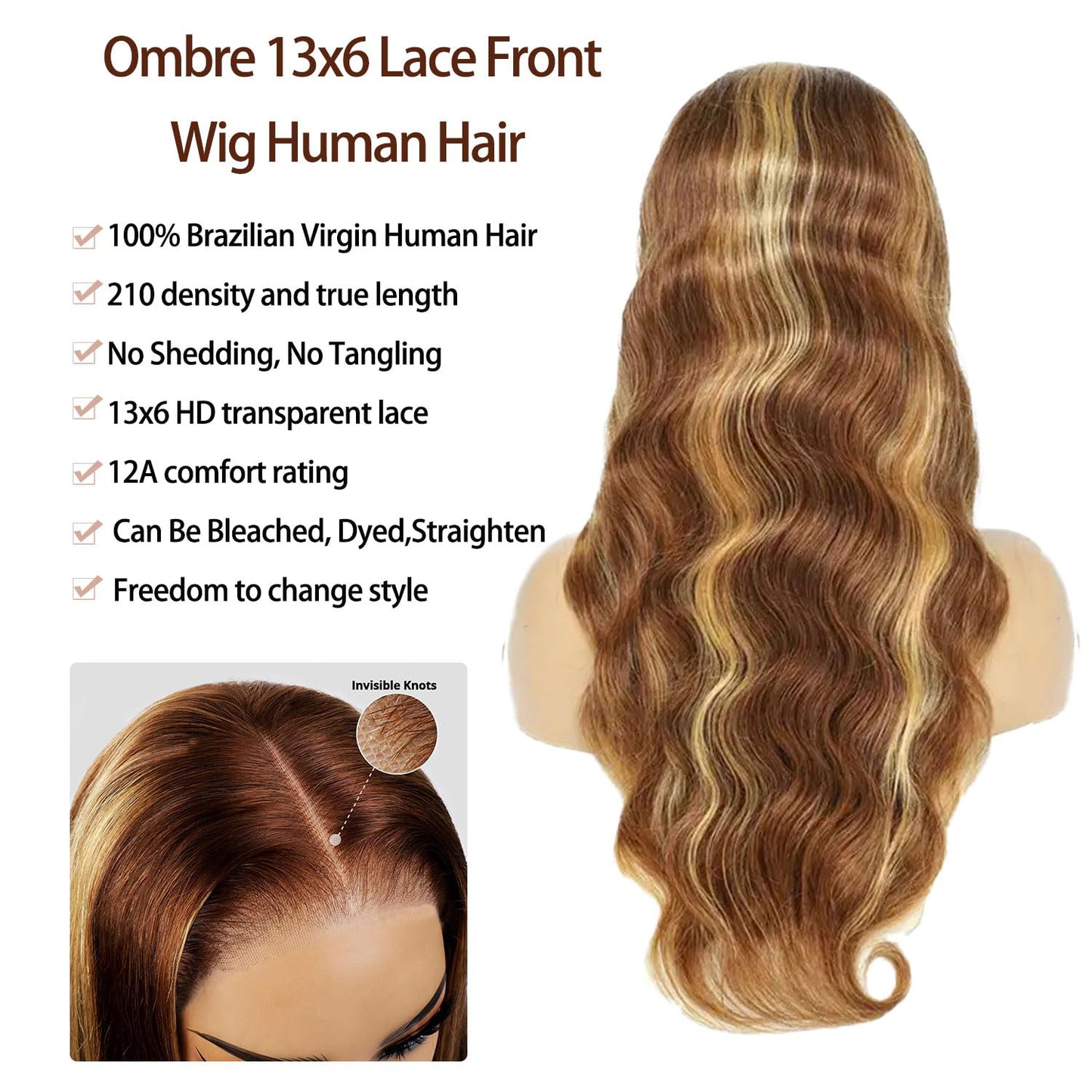 Real Human Hair Wig 30 Inch Ombre 13x6 Lace Front Wig Human Hair 210% Density 4/27 Highlight Wigs Honey Blonde Body Wave Lace Front Wig Pre Plucked HD Frontal Wig Glueless Wigs
